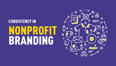 The words “Consistency in Nonprofit Branding” next to a circle containing a variety of branding-related icons.