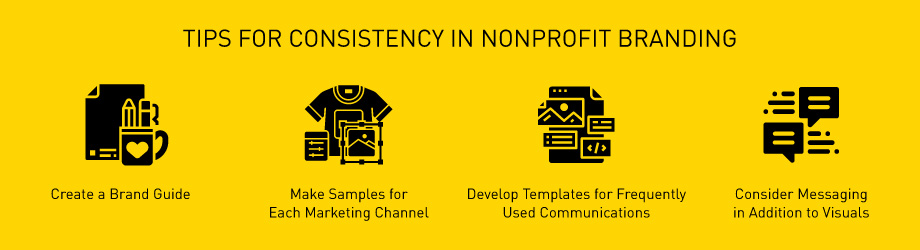 A graphical list of the four tips for consistency in nonprofit branding discussed in the following sections