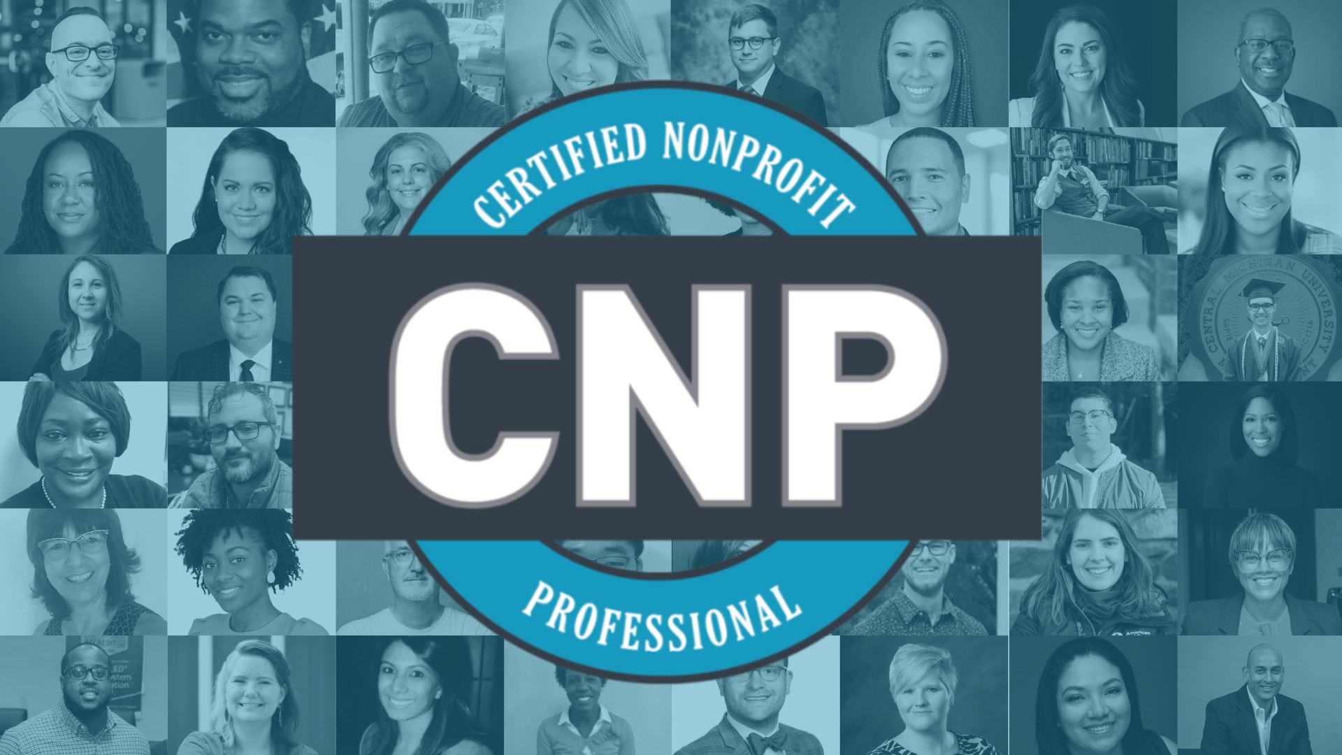 Tile grid of Certified Nonprofit Professionals side by side in a light blue