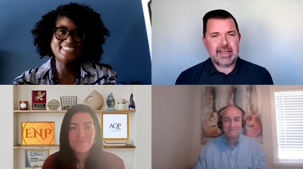 Grid view of 4 diverse advanced certified nonprofit professional's talking together on a virtual call