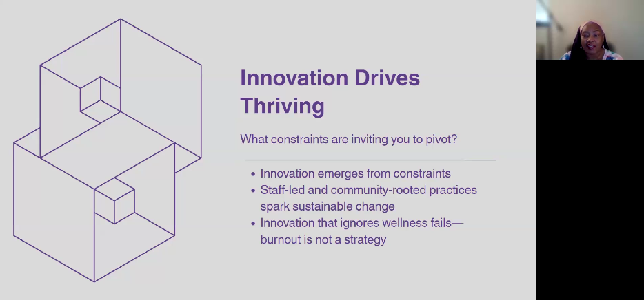 Tekoah Boatner, giving a webinar presentation with the screen title, "Innovation Drives Thriving"