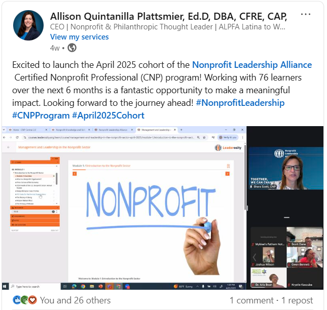 Dr. Allison Quintanilla Plattsmier welcoming the April Certified Nonprofit Professional Cohort
