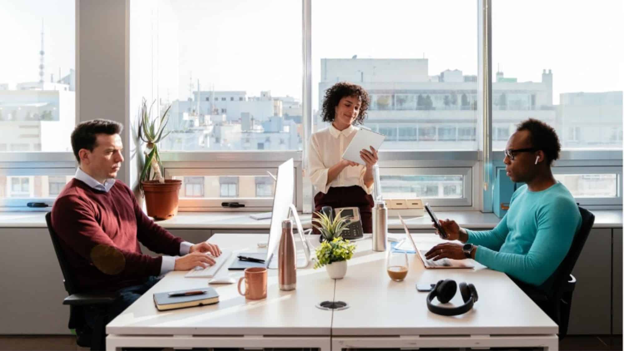 A group of multigenerational nonprofit workers together in an office